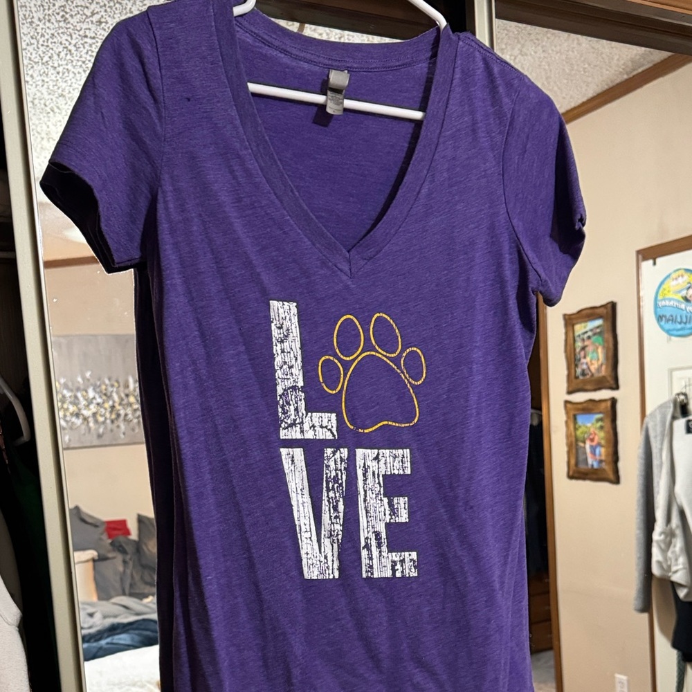 LSU- Purple V-Neck T-Shirt with Love Paw Print
